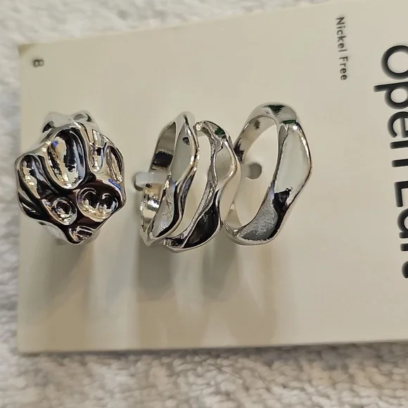 NWT Open Edit Set Of 3 Molten Rhodiun Rings Size 8 Silver - Picture 11 of 12